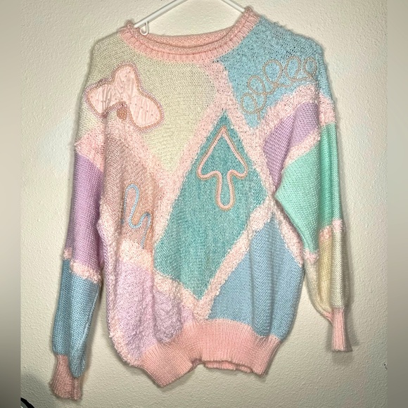 Vintage  Pastel Colorblock
Oversized Kawaii Sweater size small Pearl beaded - Picture 3 of 16